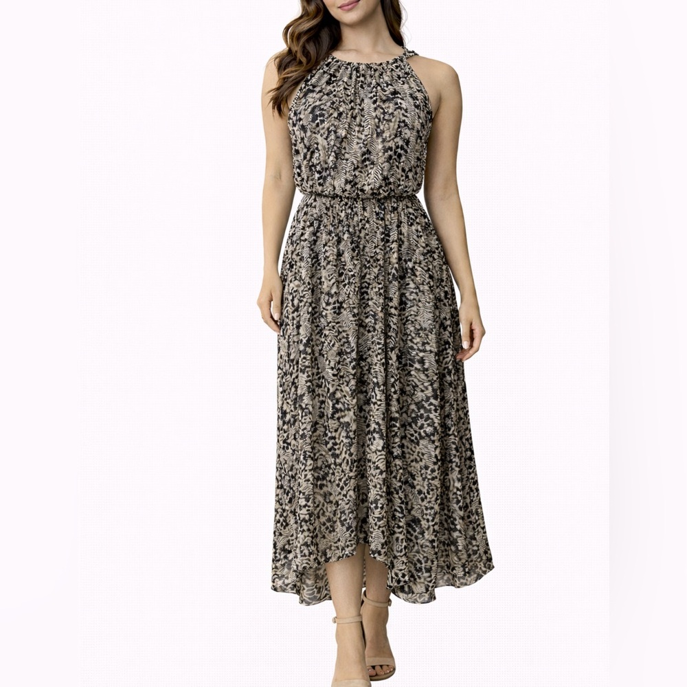 MSK Midi Dress 14 Black Cream Brown Flowy W Tassel Belt Washable Sleeveless